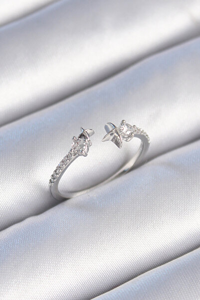 MEKs Brass Silver Color Zircon Stone Detailed Star Model Women's Ring 5886 - ...