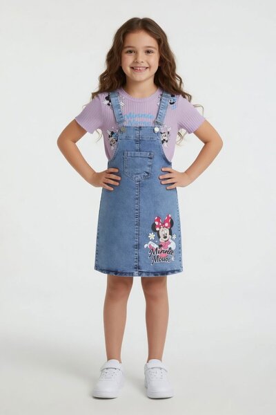 Cansın Mini Lilac Floral Minnie Patterned Badili Jean Salopet Girls' Set 24090