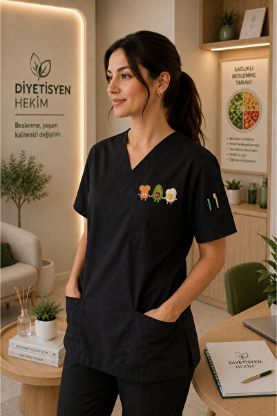 mirach Uniformă de medic negru pentru femei, cu broderie și model alimentar, ...