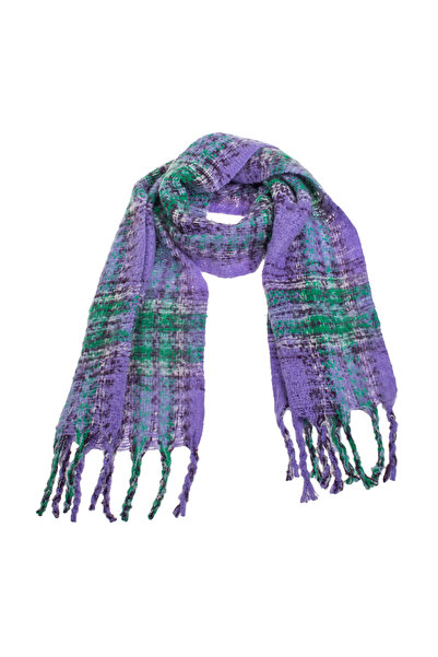 Zumzeria Eșarfă verde lila în carouri cu franjuri lungi 185x30cm