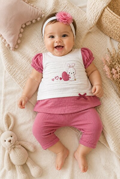 Pure Boutique Dark pink muslin baby set with bunny and headband 3 pieces