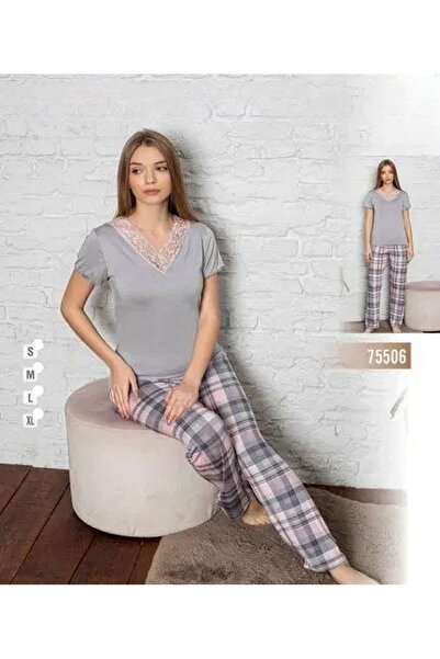 turkish Women's 2 Piece Pajama Set - Short Sleeve Lapel Top and Pants