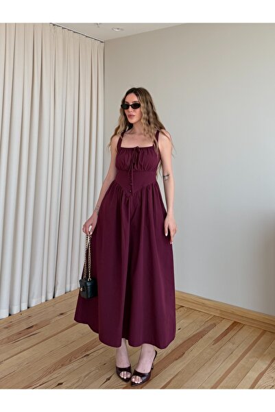 Laluvia Burgundy Long Dress with Gipeli on the Back - 8706