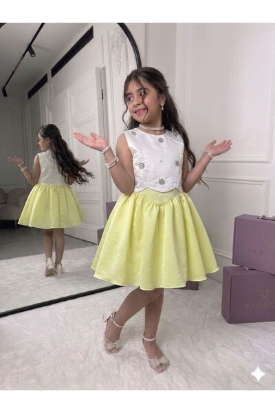Pyramid masterpieces Girl's Lemon-Colored Short Dress with Unique Chest Embro...