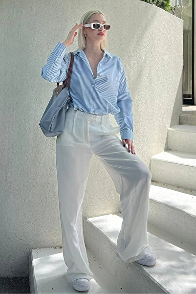 CloudyMood Women's Blue Striped over Fit Shirt