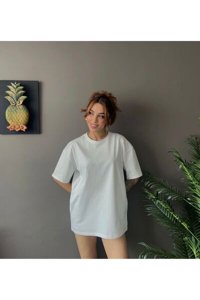 Kadın Basic Oversize Bisiklet Yaka Tişört
