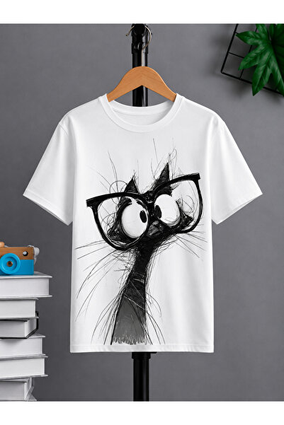 VODEXA Unisex Oversize T-Shirt ΓΑΤΑ ΜΕ ΓΥΑΛΙΑ Με στάμπα, 100% βαμβακερό μπλου...