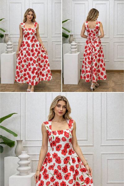 Moda Banuş Poppy Flower Patterned Ecru Dress