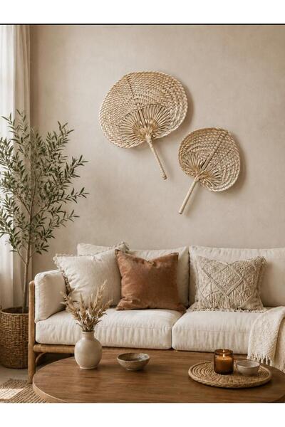 HÜCO BAZAAR 2'lİ Bambu Dekoratif Yelpaze Duvar Süsü Bej 30Cm Ve 20Cm