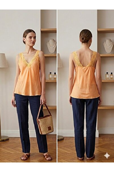 AYASOFYA OTANTIK Women's Italian Neon Orange Lace Detailed Satin Strap Blouse