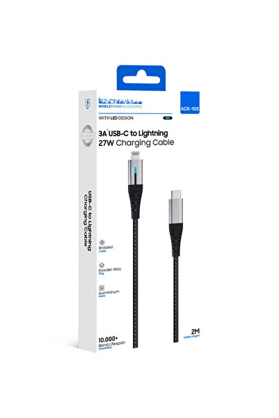 HİBOTEKNO 2M LED Göstergeli 27W USB-C to Lightning Örgü Şarj ve Veri Kablosu ...