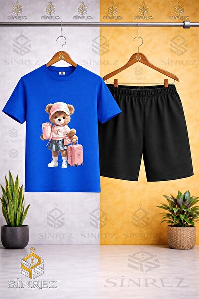 SİNREZ Crew Neck Girl with Bear and Suitcase Printed T-Shirt - Shorts Set