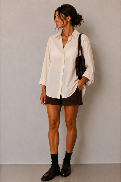 kikiriktekstil 10798 Women's Oversize Buttoned Chiffon Transparent Shirt
