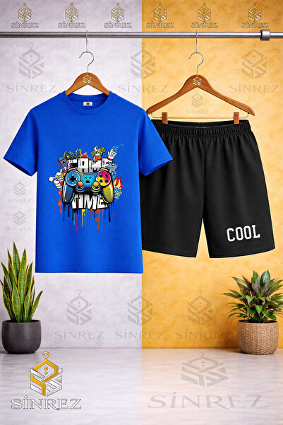 SİNREZ Crew Neck Kids Game Time Cool Printed T-Shirt - Shorts Set