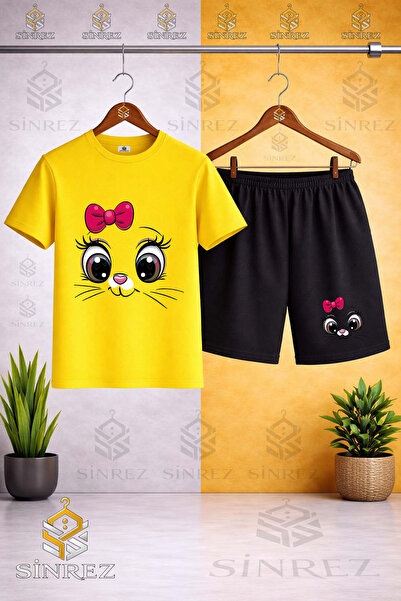 SİNREZ Crew Neck Kids' Cat Eye Pmbe Krdl Printed T-Shirt - Shorts Set