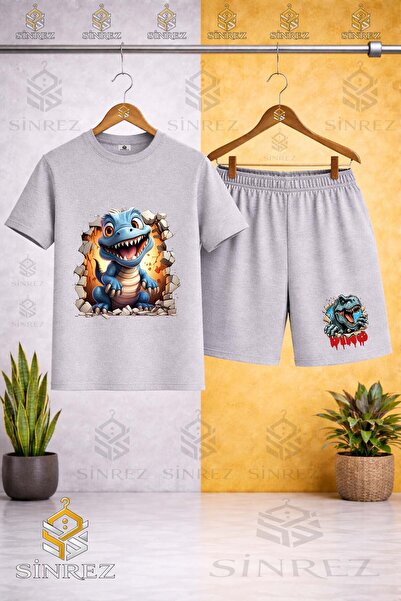 SİNREZ تي شيرت مطبوع عليه DINOSAUR BLUE MAGARADAN CIKAN ذو ياقة دائرية - طقم ...