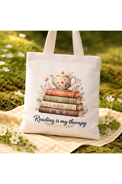 OEM Canvas Tote Bag with Zipper - Reading Is My Therapy - RAZADE