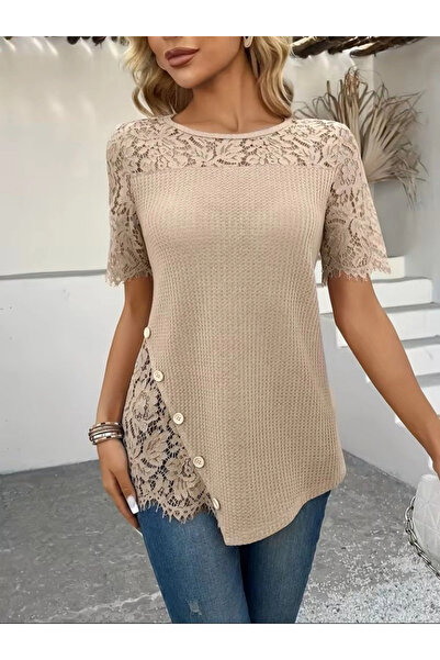 Butik Women's Short Sleeve Lace Detailed Side Buttoned Waffle Blouse