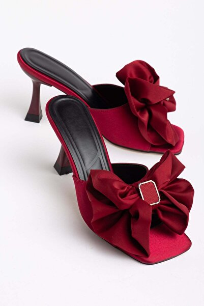 Dilimler Ayakkabı Women's Thin Heeled Slippers Burgundy Satin with Big Bow