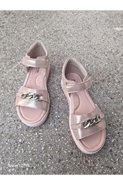 BAĞCILAR AYAKKABI Genuine Leather Orthopedic Sole Velcro Girls' Sandals Pudra