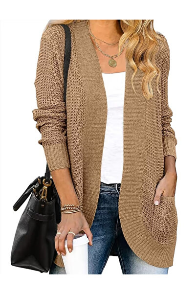 HANERDUN Loose brown knitted long-sleeve blouse, women's cardigan, M