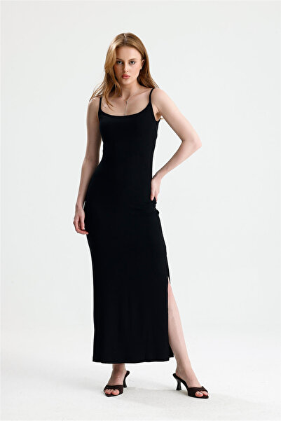 ROSE ARYA Black Strap Slit Long Dress