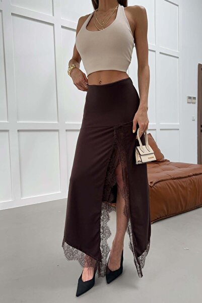 mylove Lace Slit Skirt Brown