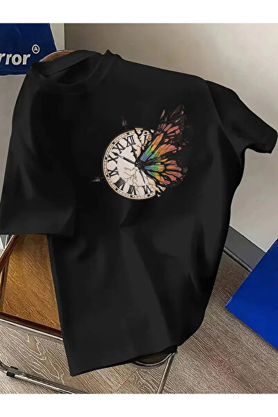 yiou trendy clothing تي شيرت رجالي بطبعة ساعة وأجنحة الفراشة