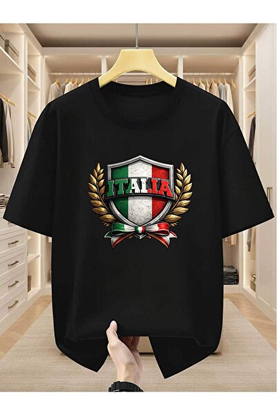 yiou trendy clothing تي شيرت رجالي مطبوع عليه علم إيطاليا، ودرع، وشريط من إكل...