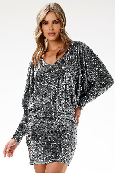 Awama Dress, awama, Velvet with sequins, gray, Polyester, XL INTL