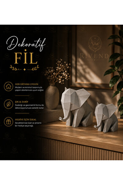 RIVEND Modern Geometrik Fil Biblo Seti – 3D Baskı Dekoratif Fil Heykeli (2’li...