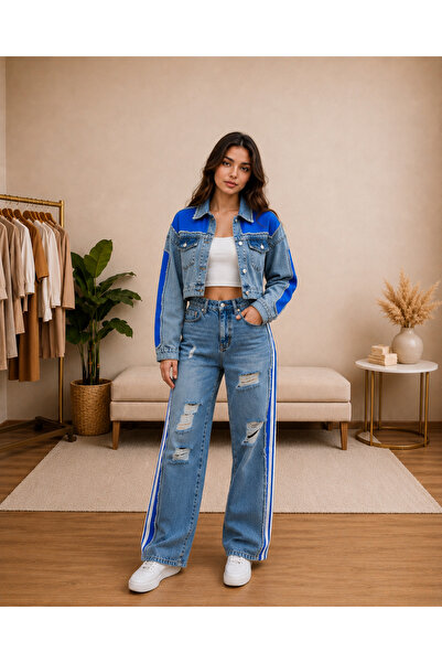 PELİNORA Women's Jean Set Denim Set Wide Leg Pants Crop Jacket Two Piece Set
