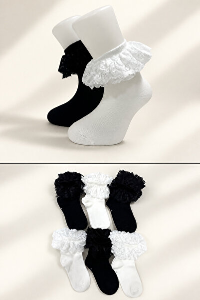 ZENGİN Pack of 6 Girls' Lace Seamless Toe Cotton Colorful Bowknot Booties Soc...