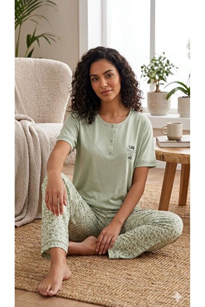 İpek Women's Short Sleeve Long Ring Viscose Floral Pattern Pajama Set