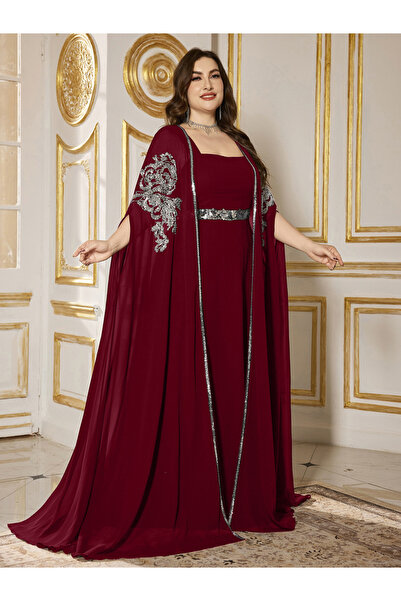 SUPGIR Plus Size Burgundy Embellished Kimono with Inner Dress Co-Ords
