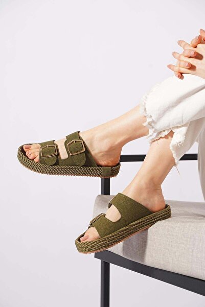Moda Pie Teslen Sole Rope Wrap Double Buckle Women's Slippers Khaki