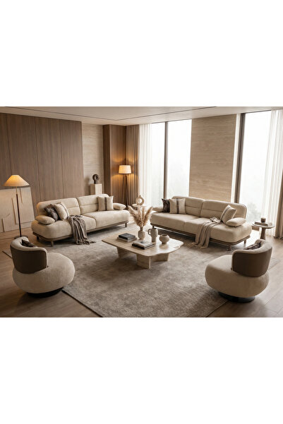 Sare trade Hernest MİLAS MODERN SALON TAKIMI - KREM RENK BUKLE KUMAŞ OTURMA G...