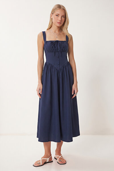 Lovelyİstanbul Korse Görünümlü Poplin Midi Elbise LUB0354 LACİVERT