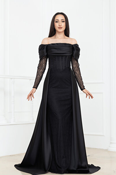 BEYBOS Underwire Long Satin Evening Dress - Black