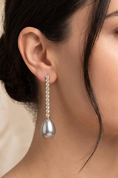 PETEK AKSESUAR Waterway Crystal Pearl Drop Elegant Earrings 5.5 Cm.