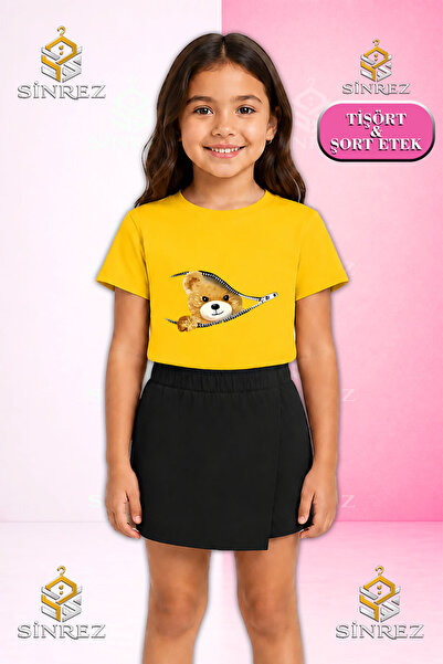 SİNREZ Set pentru fete AYICIK YARIM FERMUARLI Tricou imprimat cu mânecă scurt...