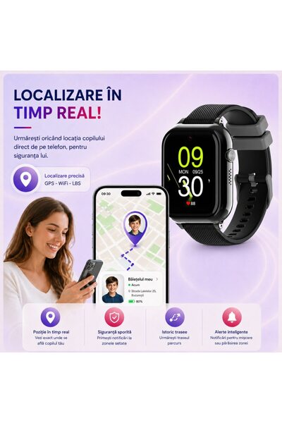 Techone Ceas Smartwatch Copii KT38, 900 mAh, GPS, Super AMOLED, 4G LTE, Apel video, Camera HD, SOS, Negru