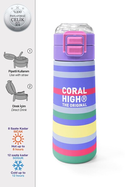 Coral High Kids Milka Gray Yellow Line Patterned Steel Thermos with Straw and...