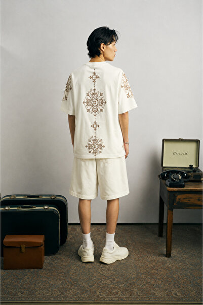 Chirkef Unisex Ecru Oversize 100% Cotton Back and Front Brown Printed Crew Ne...