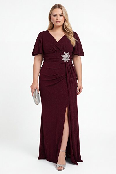 Lafaba Women's Burgundy V-Neck Accessory Detailed Glittery Plus Size Evening ...