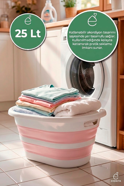 EVONİTA Katlanabilir Çamaşır Leğeni 25 Lt Akordiyon Sepet Yer Kaplamaz Katlan...