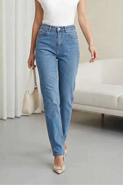 Modamorfo High Waist Straight Leg Jeans with Pockets - Light Blue