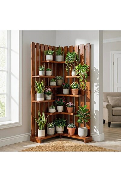Ev dekka WoodDesign Çok Katlı Ahşap Köşe Çiçeklik Saksılık Ve Dekoratif Raf M...