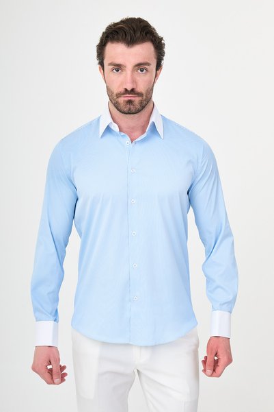 Mcr Striped Slim Fit Polycort Collar Cufflinked Long Sleeve Men's Shirt Blue - 27149.26Y