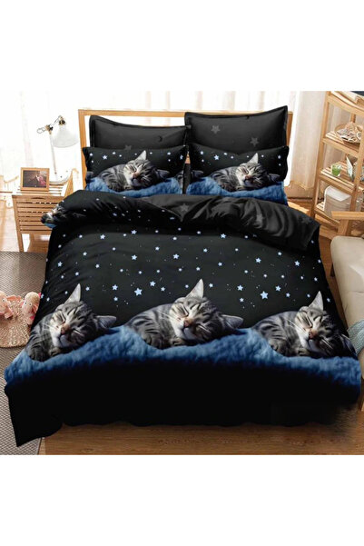 Pucioasa Finet 6-piece bed linen set, cat print with starry sky background - ...